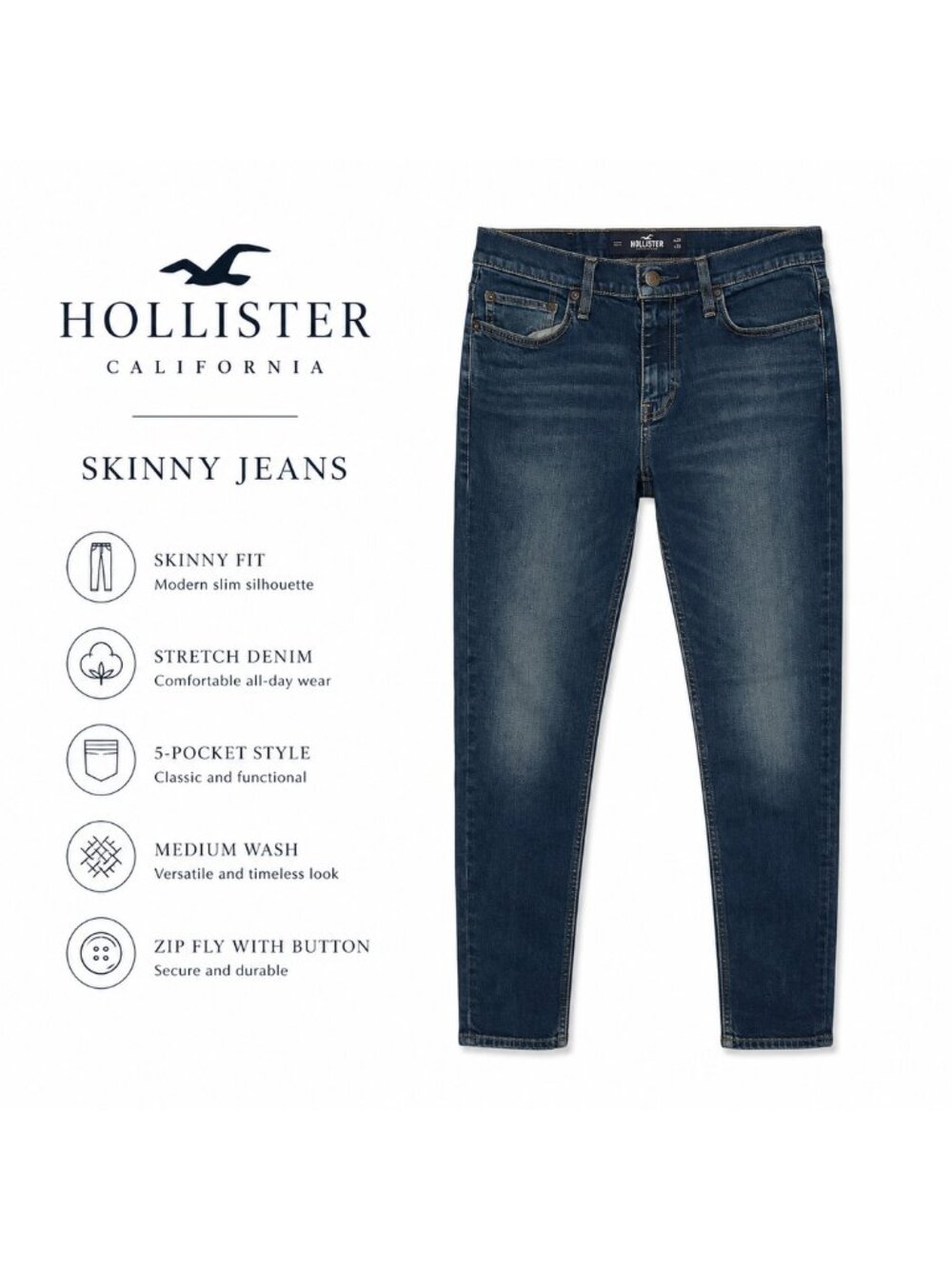 Hollister Skinny Jeans Men’s Size 30x29 Blue Medium Wash Stretch Denim